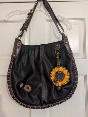 Chala Handbags Charming Hobo Bag Black Vegan Leather Sunflower Bee Boho Large